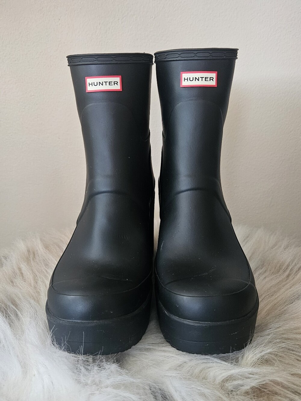 Hunter Matte Black Short Wedge Platform Rain Boots